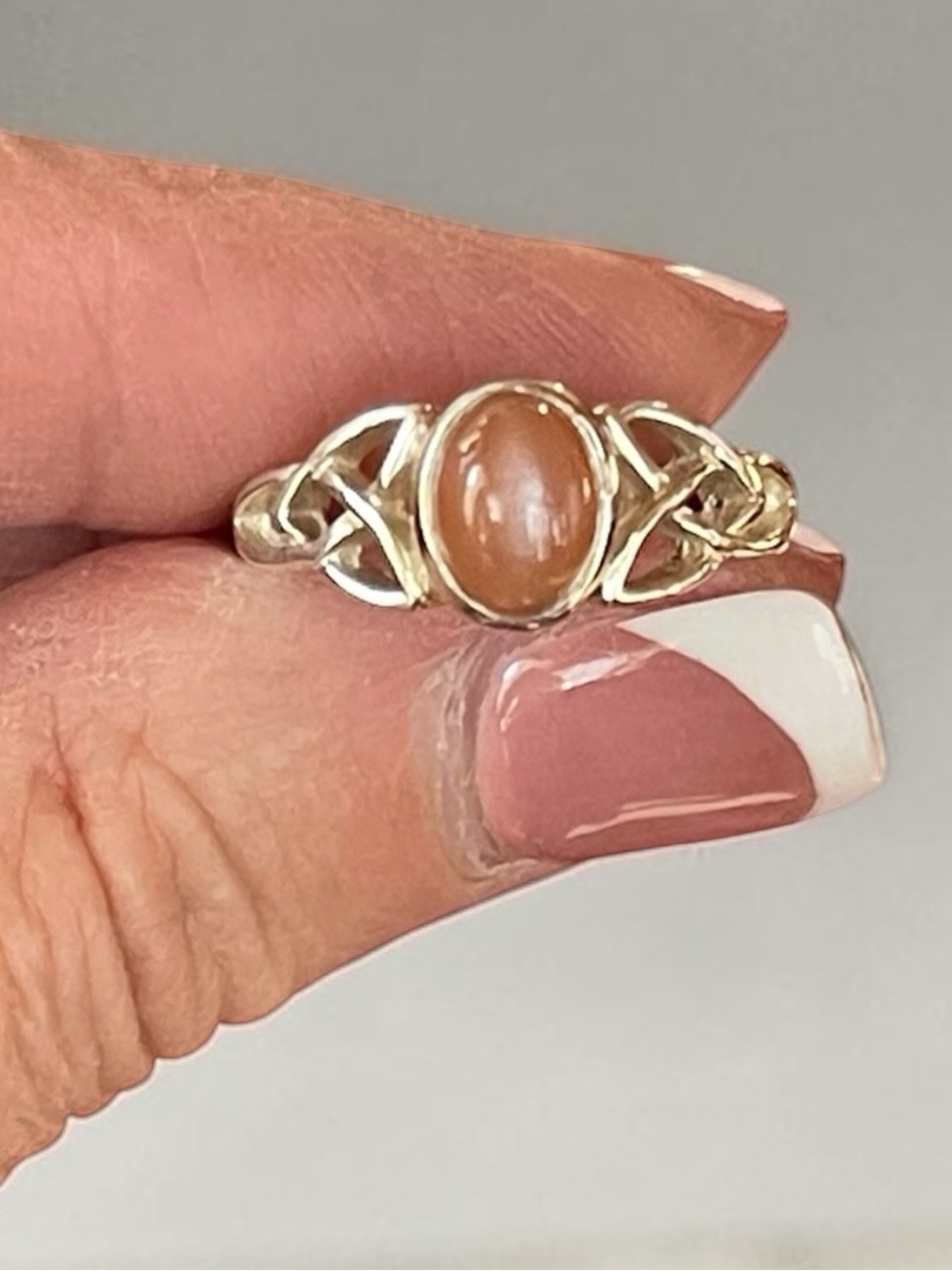 Peach Moonstone Celtic Knot Ring in 925 Sterling Silver Size 8